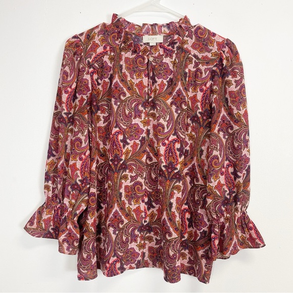 Loft Shirt Womens Size Small Multicolor Paisley Blouse Ruffle Neck Cuffs - Picture 1 of 7